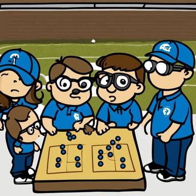 Go Blue Gopher is a coach, marking on a whiteboard what each player will do in the game, focusing on strategies to lead the team to victory.