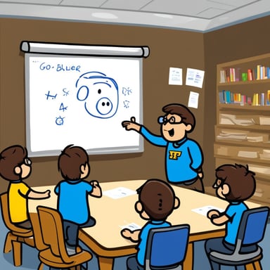 Go Blue Gopher is a coach, marking on a whiteboard what each player will do in the game, focusing on strategies to lead the team to victory.