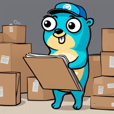 Go Blue Gopher is organizing a delivery, reading from a clipboard and pointing out a pile of packages. A wall clock shows 2PM.