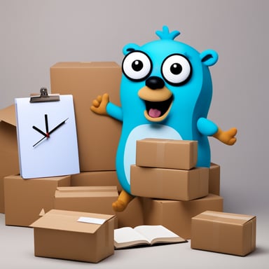 Go Blue Gopher is organizing a delivery, reading from a clipboard and pointing out a pile of packages. A wall clock shows 2PM.