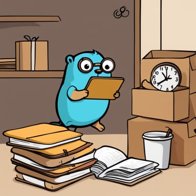 Go Blue Gopher is organizing a delivery, reading from a clipboard and pointing out a pile of packages. A wall clock shows 2PM.