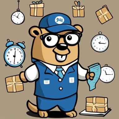 Go Blue Gopher is organizing a delivery, reading from a clipboard and pointing out a pile of packages. A wall clock shows 2PM.