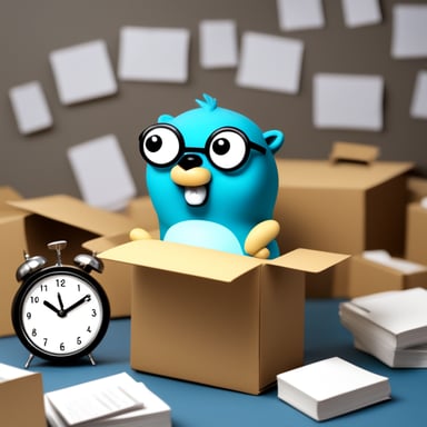 Go Blue Gopher, surrounded by organized packages, is reading from a clipboard, concentrated, with a clock showing 2PM on the wall.