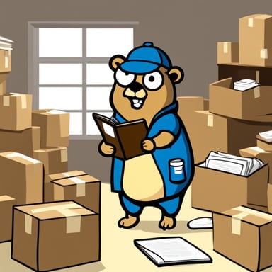 Go Blue Gopher, surrounded by organized packages, is reading from a clipboard, concentrated, with a clock showing 2PM on the wall.