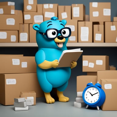 Go Blue Gopher, surrounded by organized packages, is reading from a clipboard, concentrated, with a clock showing 2PM on the wall.