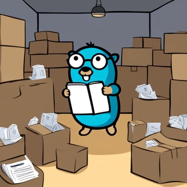 Go Blue Gopher, surrounded by organized packages, is reading from a clipboard, concentrated, with a clock showing 2PM on the wall.