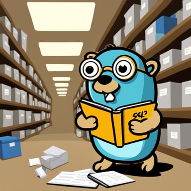 Go Blue Gopher, surrounded by organized packages, is reading from a clipboard, concentrated, with a clock showing 2PM on the wall.