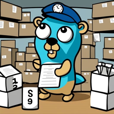 Go Blue Gopher, surrounded by organized packages, is reading from a clipboard, concentrated, with a clock showing 2PM on the wall.
