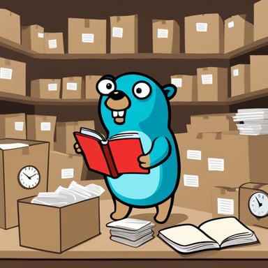 Go Blue Gopher, surrounded by organized packages, is reading from a clipboard, concentrated, with a clock showing 2PM on the wall.