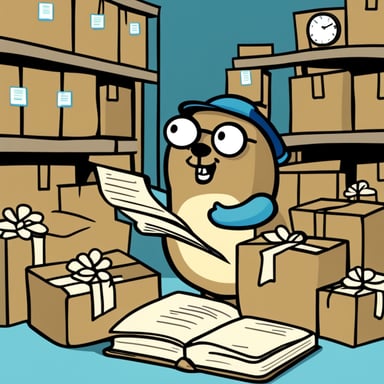 Go Blue Gopher, surrounded by organized packages, is reading from a clipboard, concentrated, with a clock showing 2PM on the wall.