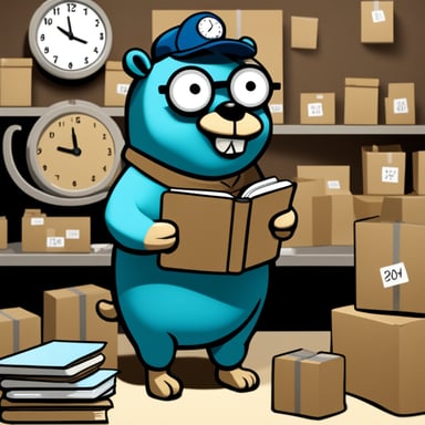 Go Blue Gopher, surrounded by organized packages, is reading from a clipboard, concentrated, with a clock showing 2PM on the wall.
