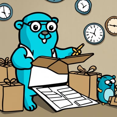 Go Blue Gopher, surrounded by organized packages, is reading from a clipboard, concentrated, with a clock showing 2PM on the wall.