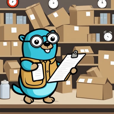 Go Blue Gopher, surrounded by organized packages, is reading from a clipboard, concentrated, with a clock showing 2PM on the wall.