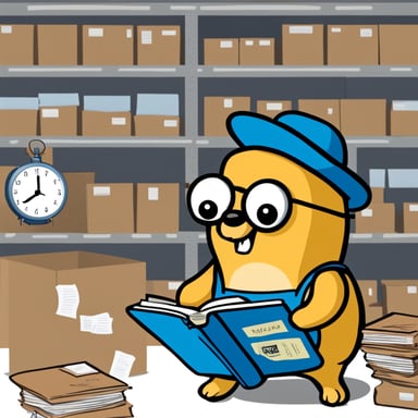 Go Blue Gopher, surrounded by organized packages, is reading from a clipboard, concentrated, with a clock showing 2PM on the wall.