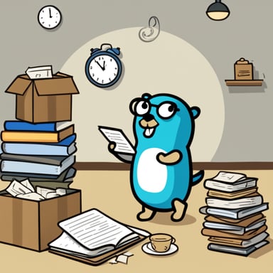 Go Blue Gopher, surrounded by organized packages, is reading from a clipboard, concentrated, with a clock showing 2PM on the wall.