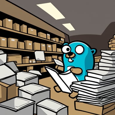 Go Blue Gopher, surrounded by organized packages, is reading from a clipboard, concentrated, with a clock showing 2PM on the wall.