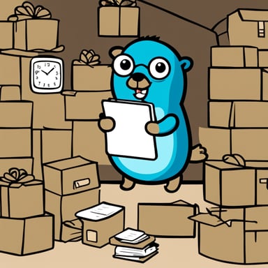 Go Blue Gopher, surrounded by organized packages, is reading from a clipboard, concentrated, with a clock showing 2PM on the wall.