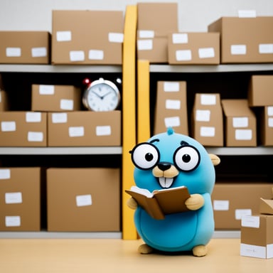 Go Blue Gopher, surrounded by organized packages, is reading from a clipboard, concentrated, with a clock showing 2PM on the wall.