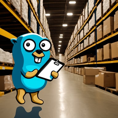 Go Blue Gopher holding a clipboard in a warehouse aisle.