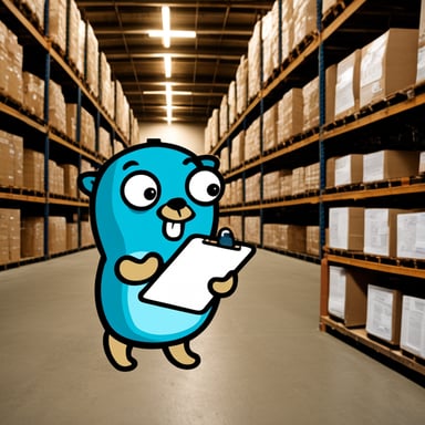 Go Blue Gopher holding a clipboard in a warehouse aisle.