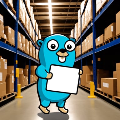 Go Blue Gopher holding a clipboard in a warehouse aisle.