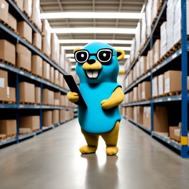 Go Blue Gopher holding a clipboard in a warehouse aisle.