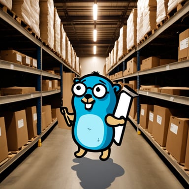 Go Blue Gopher confidently holds a clipboard in a warehouse aisle.