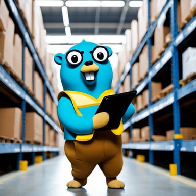 Go Blue Gopher confidently holds a clipboard in a warehouse aisle.