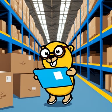 Go Blue Gopher confidently holds a clipboard in a warehouse aisle.
