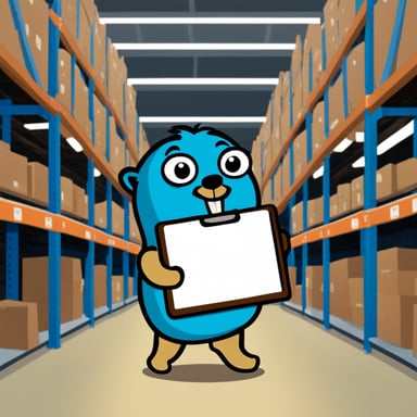 Go Blue Gopher confidently holds a clipboard in a warehouse aisle.