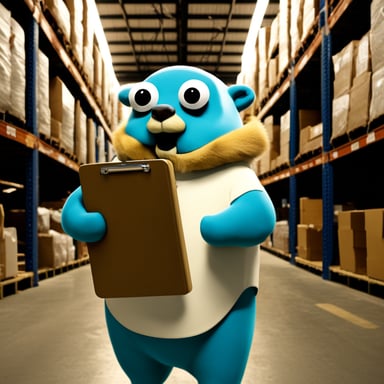 Go Blue Gopher looks up and holds a clipboard in a warehouse aisle.