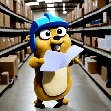 Go Blue Gopher looks up and holds a clipboard in a warehouse aisle.
