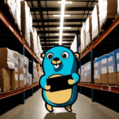Go Blue Gopher looks up and holds a clipboard in a warehouse aisle.
