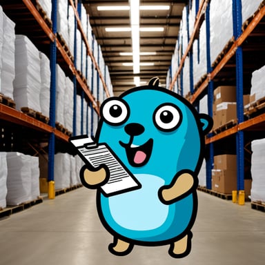 Go Blue Gopher looks up and holds a clipboard in a warehouse aisle.