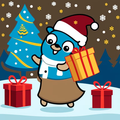 Go Blue Gopher celebrating Christmas with a festive Go program