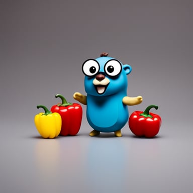 Go Blue Gopher, themed after Back to the Future, holding a bell pepper and talking to partners.