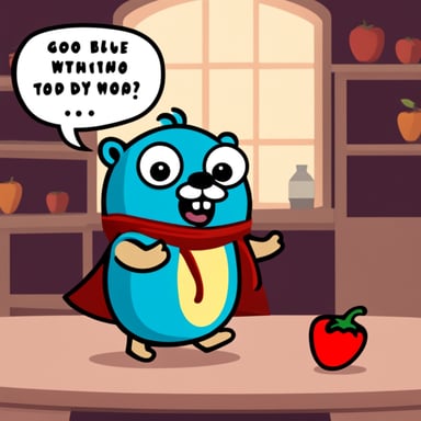 Go Blue Gopher, themed after Back to the Future, holding a bell pepper and talking to partners.