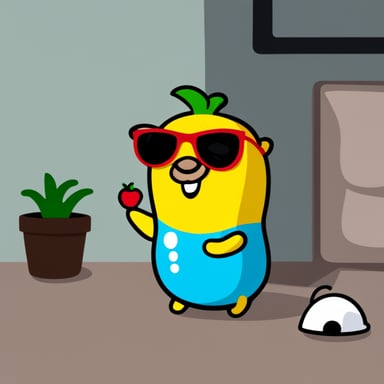Go Blue Gopher, themed after Back to the Future, holding a bell pepper and talking to partners.