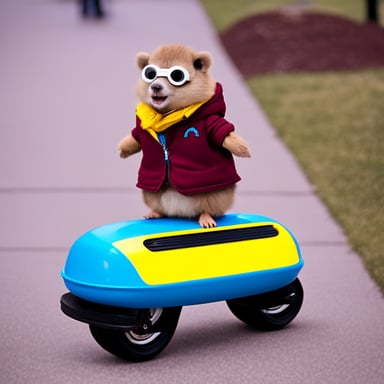 Go Blue Gopher dressed as Marty McFly on hoverboard.