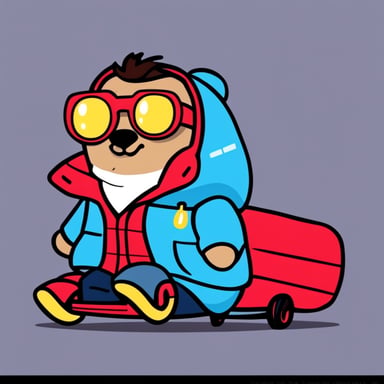 Go Blue Gopher as Marty McFly with hoverboard wearing red puffer jacket.