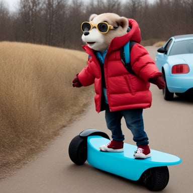 Go Blue Gopher as Marty McFly with hoverboard wearing red puffer jacket.