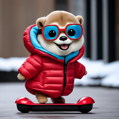 Go Blue Gopher as Marty McFly with hoverboard wearing red puffer jacket.