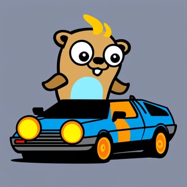 Go Blue Gopher with a DeLorean car with flames