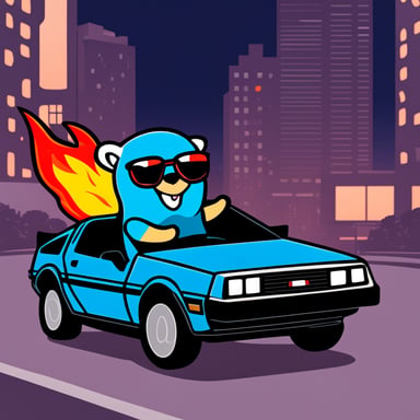 Go Blue Gopher with a DeLorean car with flames