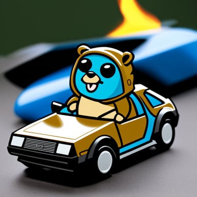 Go Blue Gopher with a DeLorean car with flames