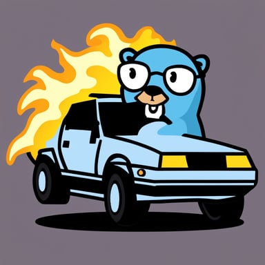 Go Blue Gopher with a DeLorean car with flames