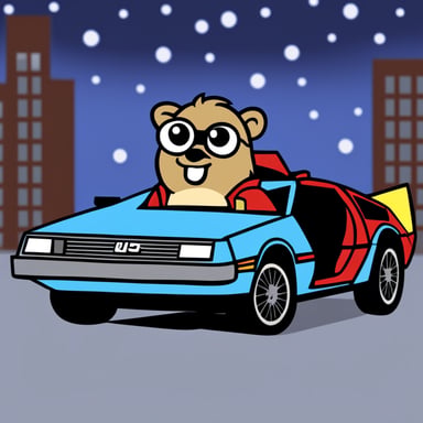 Go Blue Gopher as Marty McFly getting out of a DeLorean.