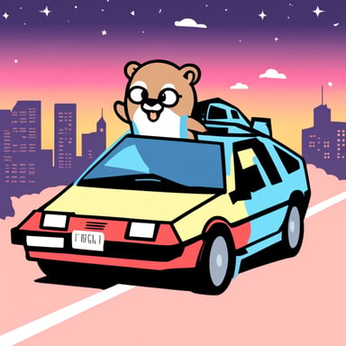 Go Blue Gopher as Marty McFly getting out of a DeLorean.