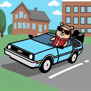 Go Blue Gopher as Marty McFly getting out of a DeLorean.