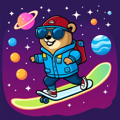 Go Blue Gopher as Marty McFly on a skateboard in space.